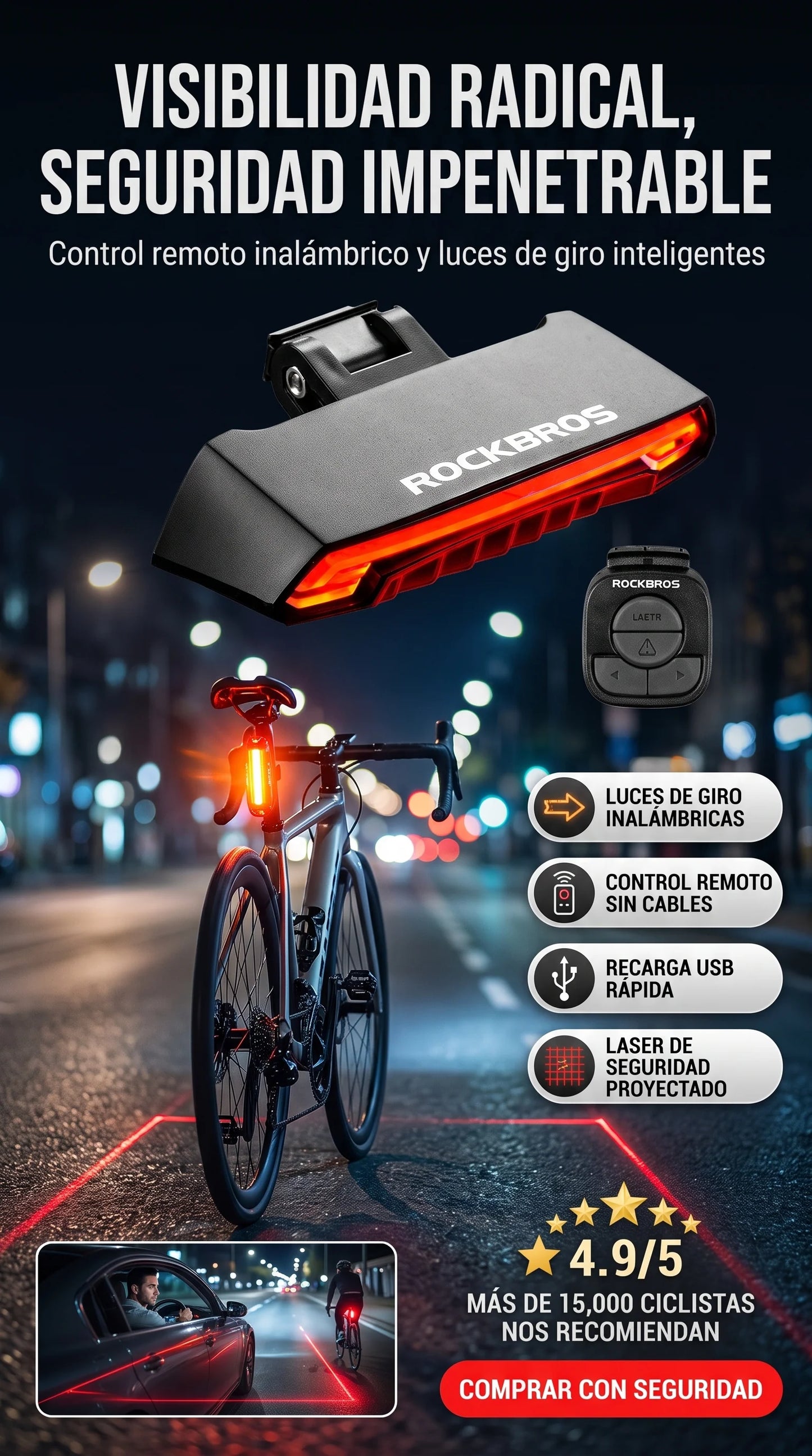 Luz Trasera 🚴‍♂️💡Mejora tu seguridad en carretera con luz trasera LED recargable⚡🛡️